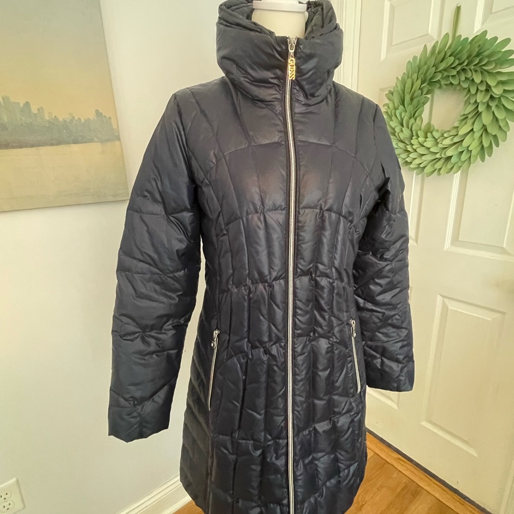 GUESS Womens Small Blue Duck Down Puffer Coat Jacket Mid Length